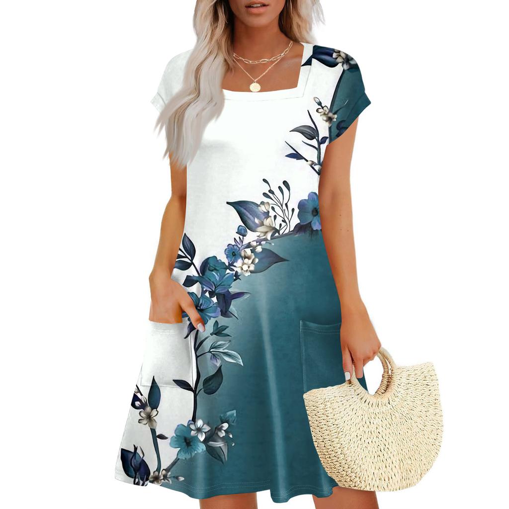 Summer Dresses For Women Loose Square Neck Cap Sleeve Casual Beach Vacation Tshirt Dress Sundresses With Pockets