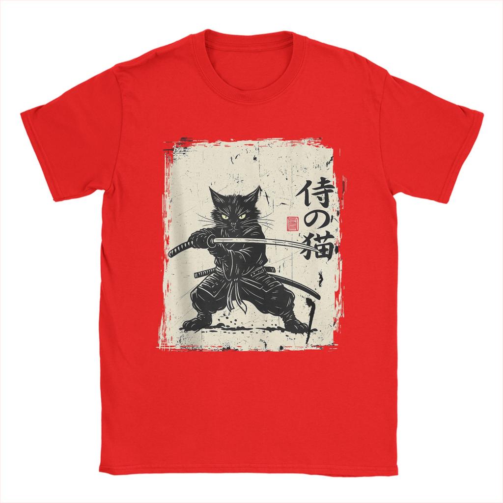 Vintage Anime Cat Japanese Art Funny Samurai Cat T Shirts Unisexs Cotton Vintage TShirt Round Neck Tees Short Sleeve Tops 5XL 6XL