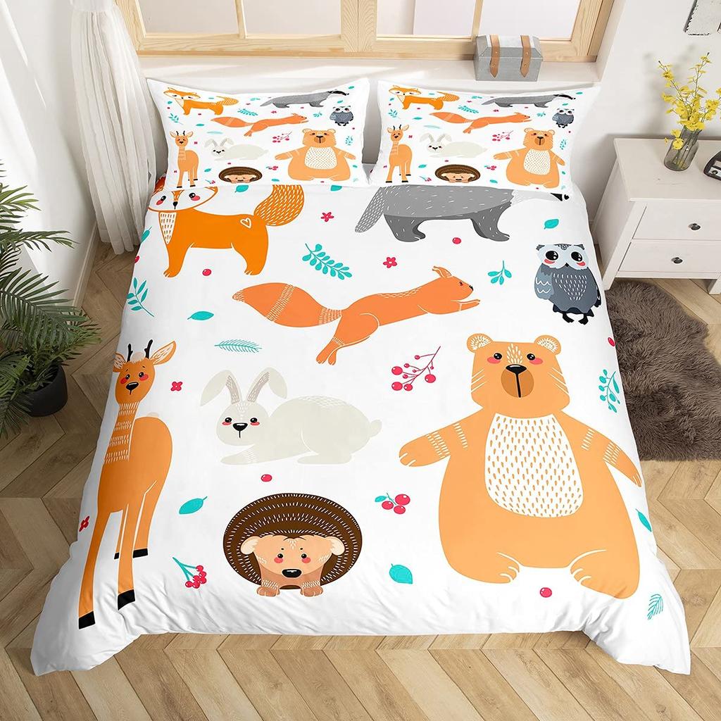 Kids Cartoon Animal Zebra Giraffe Fox Kangaroo King Queen Duvet Cover Boy Girl Rabbit Wildlife Bedding Set Polyester Quilt Cover