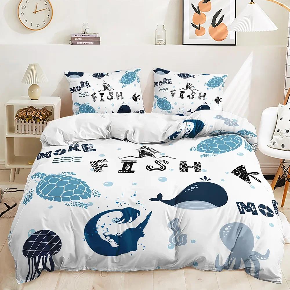 Print Fish,Dolphins, Sharks,Turtles Comfortable Quilt Cover Set for Quen, Light Blue Aquatic Shark Jelyfish Warm Comforter Cover Beding Sets