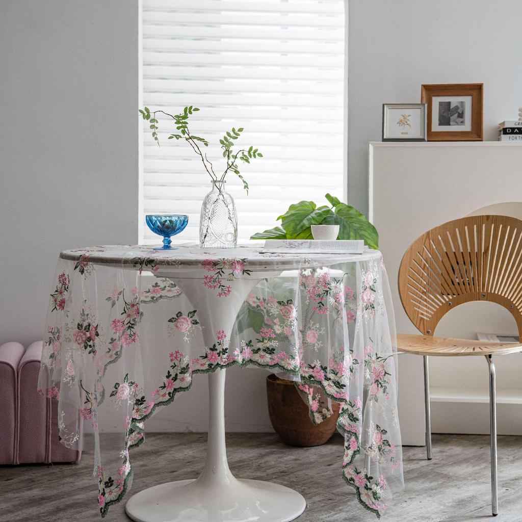 Imanqi Yun Pink Floral Embroidered Tablecloth and Cake Photography Backdrop