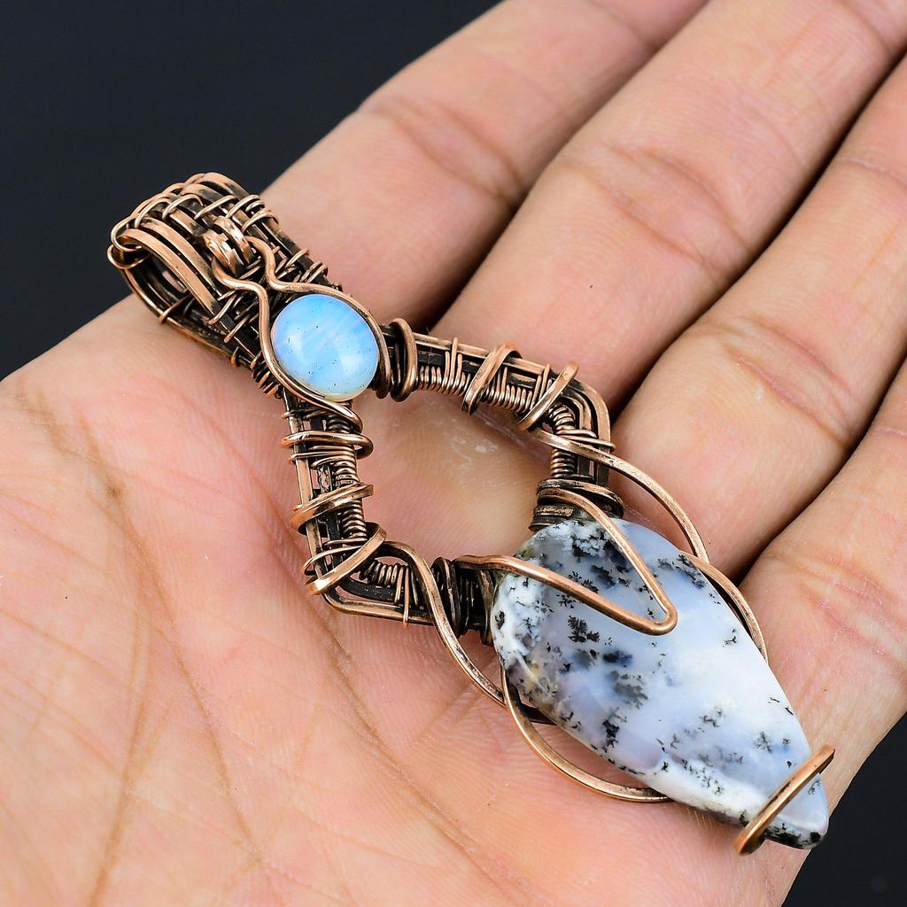 Dendrite Opal Gemstone Pure Copper Wire Wrapped Handmade Pendant Jewelry