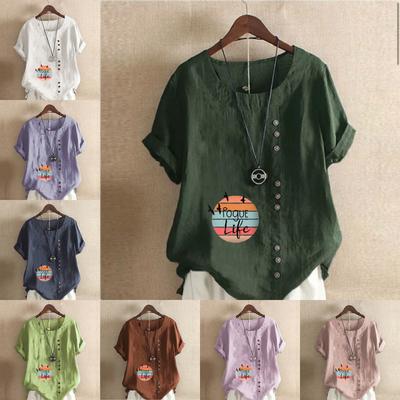 Women's Fashion Round Neck Short Sleeve T-shirt Casual Cotton Linen Graphic Shirt Leisure Loose Pattern Prined Summer Blouse Tops