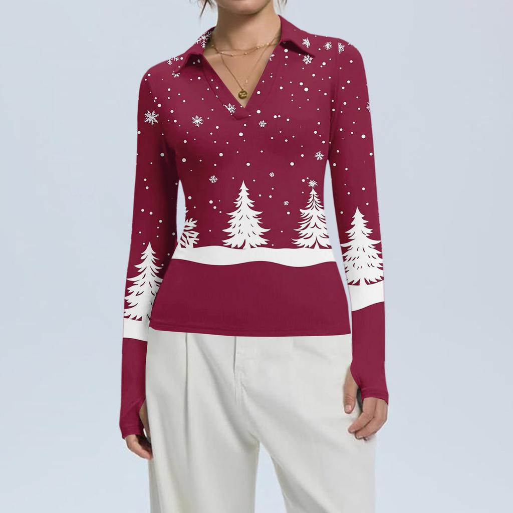 Damenmode Lässig Weihnachts-Print V-Ausschnitt Langarm Knopfleiste Oberteil