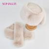 SOMALER Winter Faux Fur Hat Scarf Set Warm Women Flat Top Bucket Caps with Two Tails Caps Scarves