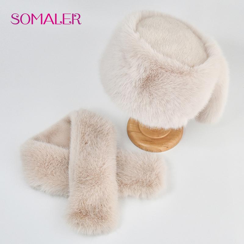 SOMALER Winter Faux Fur Hat Scarf Set Warm Women Flat Top Bucket Caps with Two Tails Caps Scarves