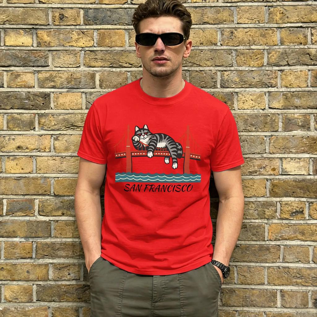 Ryan Gosling Cat San Francisco 100 Cotton T-Shirt For Man Summer  Street Style T-Shirts Crewneck Leisure Tees Casual Tops