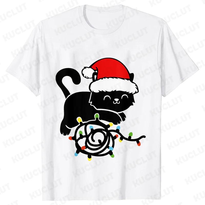 Fashion Trendy T Shirt Short Sleeve Tees for Unisex Funny Christmas Lights Cat T Shirts Female Korean Casual Streetwear Tshirt