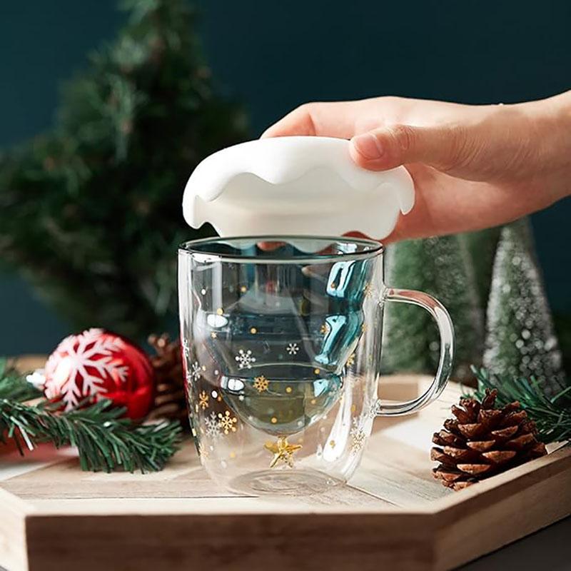 YWDL Creative Christmas Tree Glass Cup With Lid Coffee Mug Double Wall Transparent Coffee Milk Mug Christmas Gifts Cups For Girl