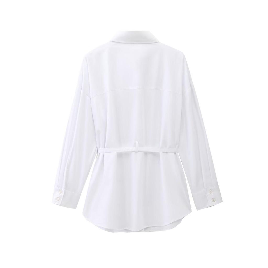 Spring 2025 Women's European American Belted Poplin Shirt, Simple Fashion Style