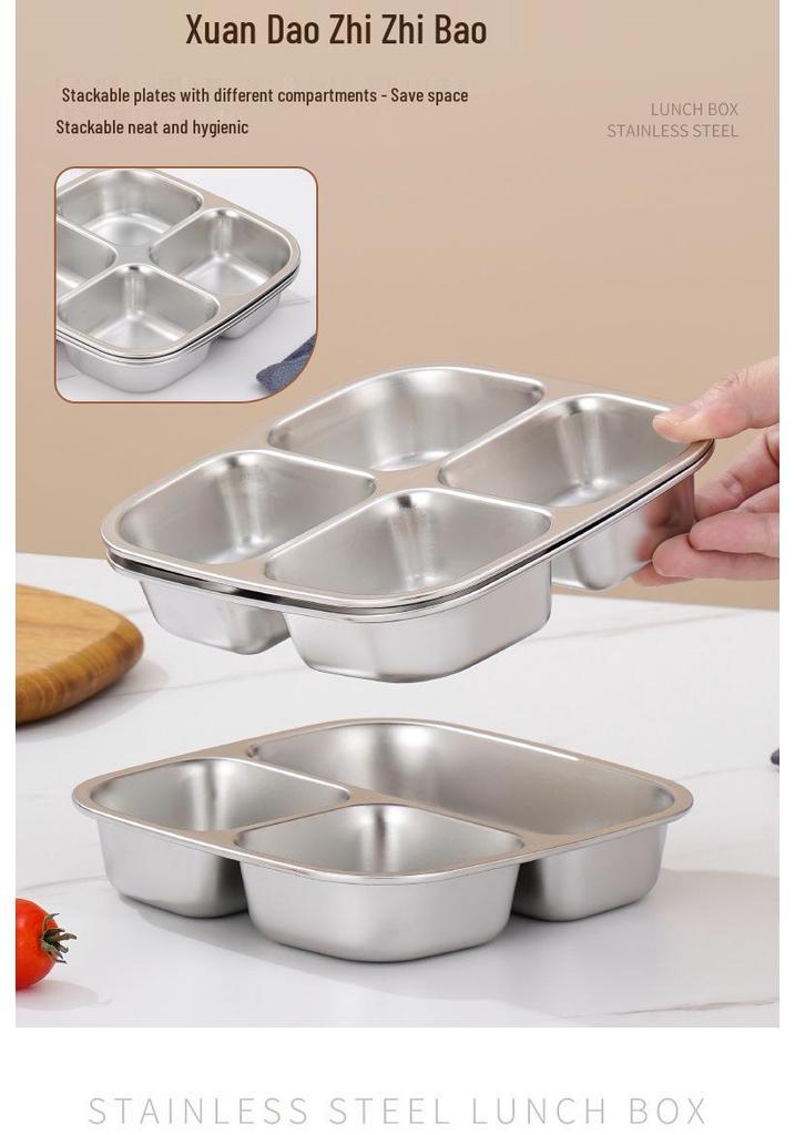 304 Stainless Steel Multi-Compartment Bento Box, Leak-Proof, Includes 3 or 4 Grid Options