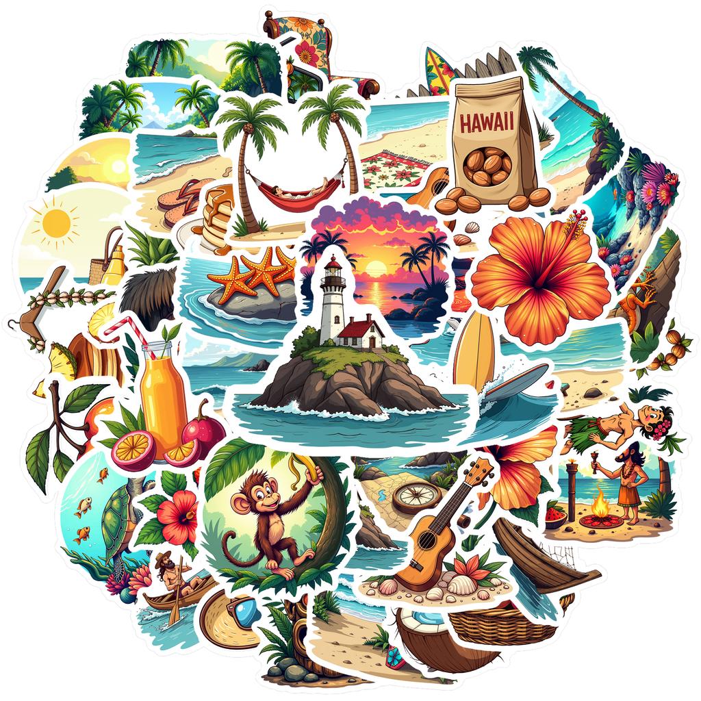 35-70 Pièces Autocollants Thème Tropical Hawaïen Décalcomanies Esthétiques Téléphone Cahier Valise Ordinateur Portable Réfrigérateur Papeterie Autocollant Mural