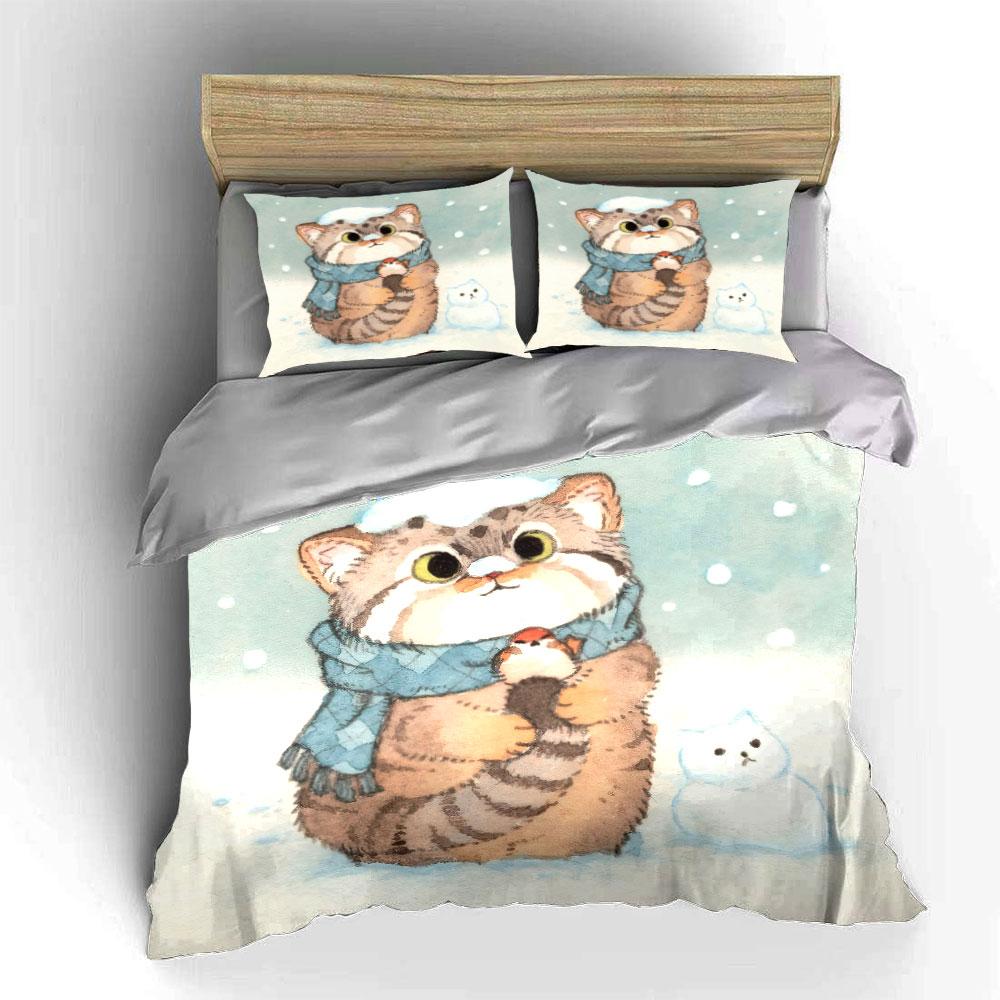 Cute Winter Cat Decoration Set Soft Comfortable Duvet Cover Bedding Set Included 1*Duvet Cover & 2*Pillowcases, Gift
