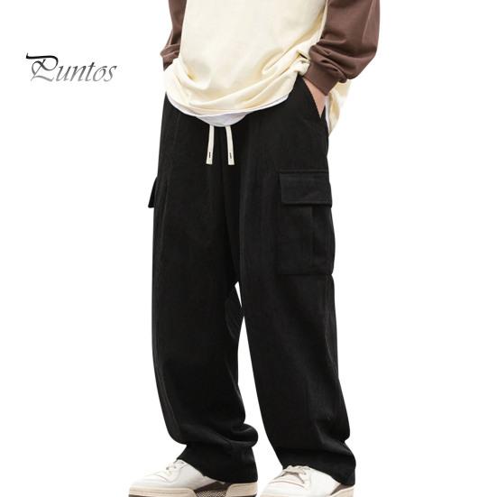 

Мужские брюки с эластичной талией, регулируемые на шнурке, длинные брюки с карманами с клапанами, однотонные свободные вельветовые брюки L чёрный