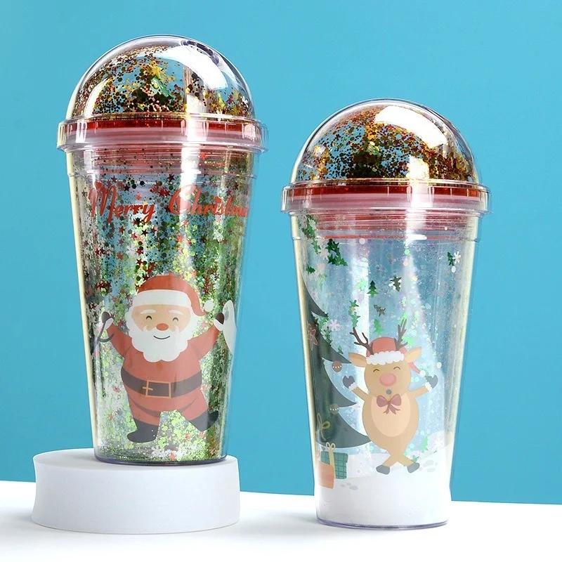 Creative 450ML Santa Claus Double Wall Cup Portable Cute Cartoon Flash Water Bottle Straw Milk Cup Christmas Decor Drinking Mug