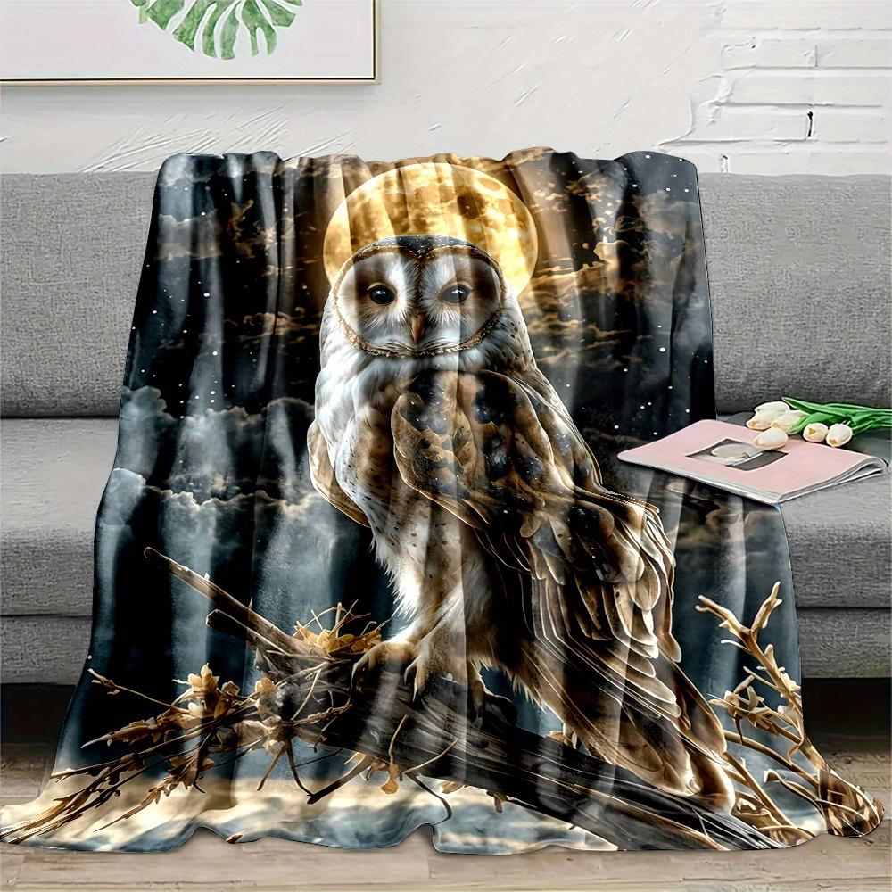 Cozy All-Season White Owl on Tree Top Print Throw Blanket - Soft, Warm Flannel with Starry Night Design for Couch, Bed, Office