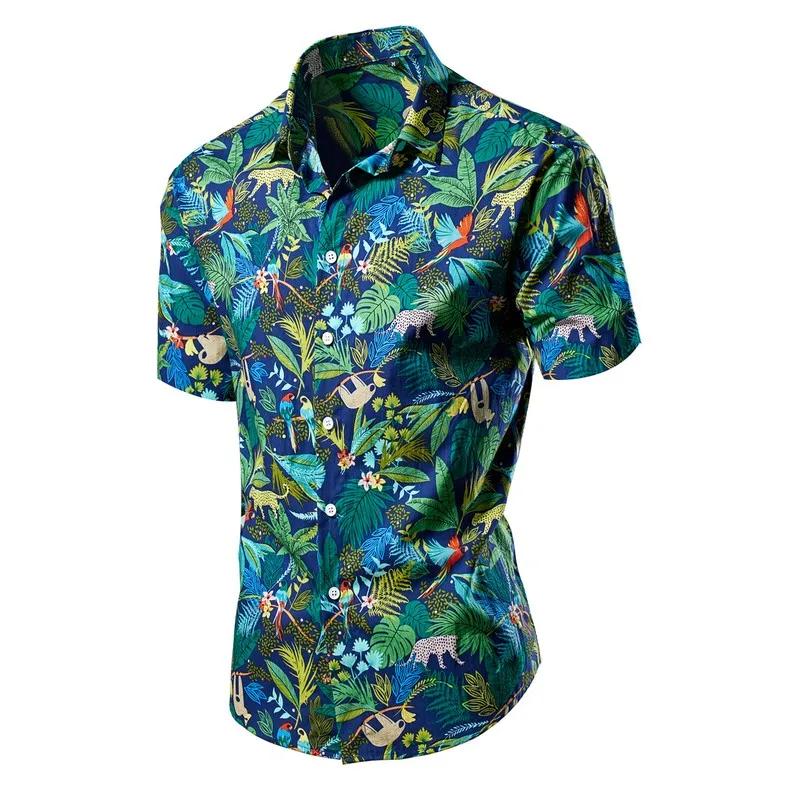 Green Men's Printed Short Sleeve Shirt, Summer Beach Casual Shirts, Single Breasted Lapel Camisa Chemise