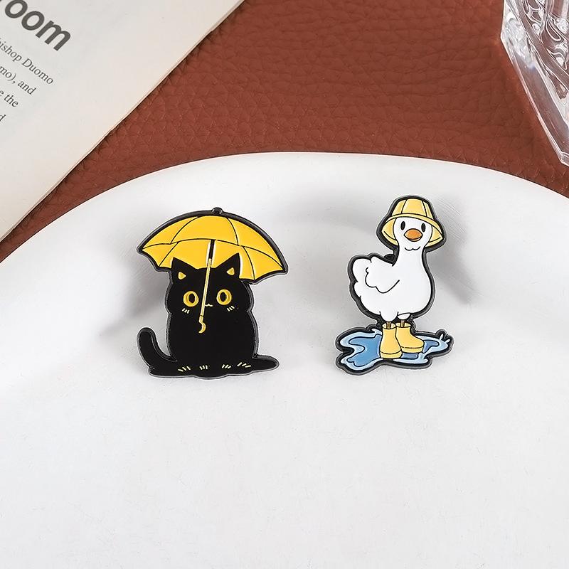 Funny Black Cat With Umbrella Enamel Pins Duck With Rain Boots Metal Brooches Lapel Badge Jewelry Gifts For Friends