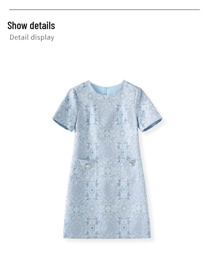 Chinese Gold Silk Jacquard A-Line Dress: Elegant Short Sleeve, Slimming, High Quality Women's Summer Style