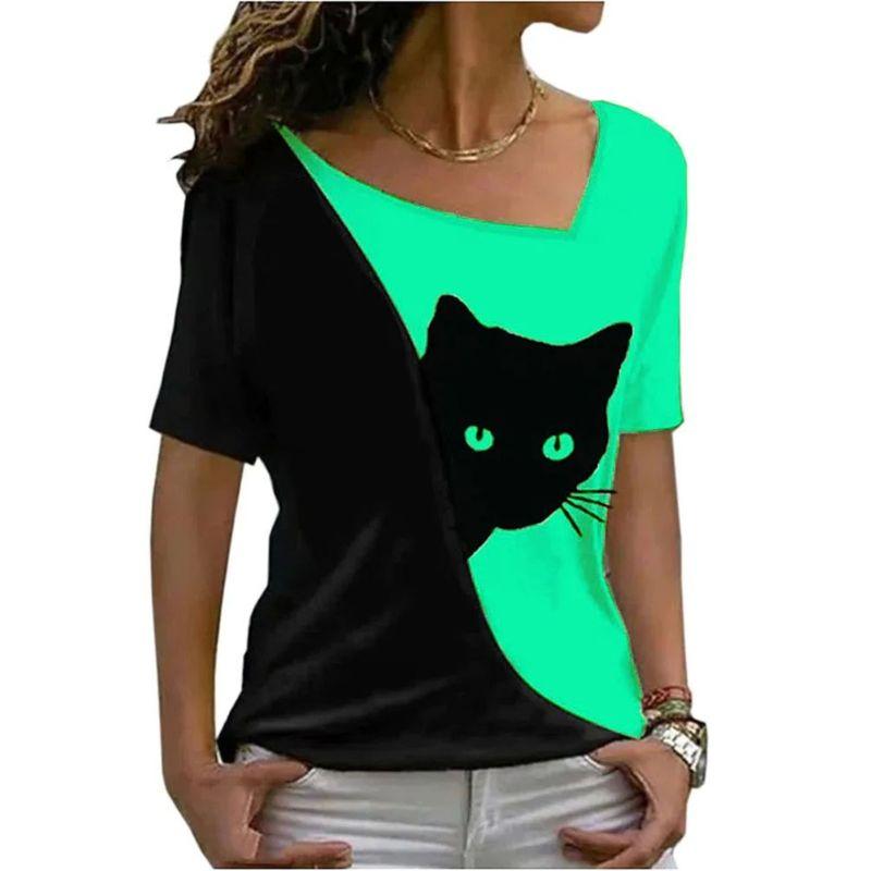 Diagonal Collar Black Cat Printed T-shirt Diagonal Collar Black Cat Print T-shirt