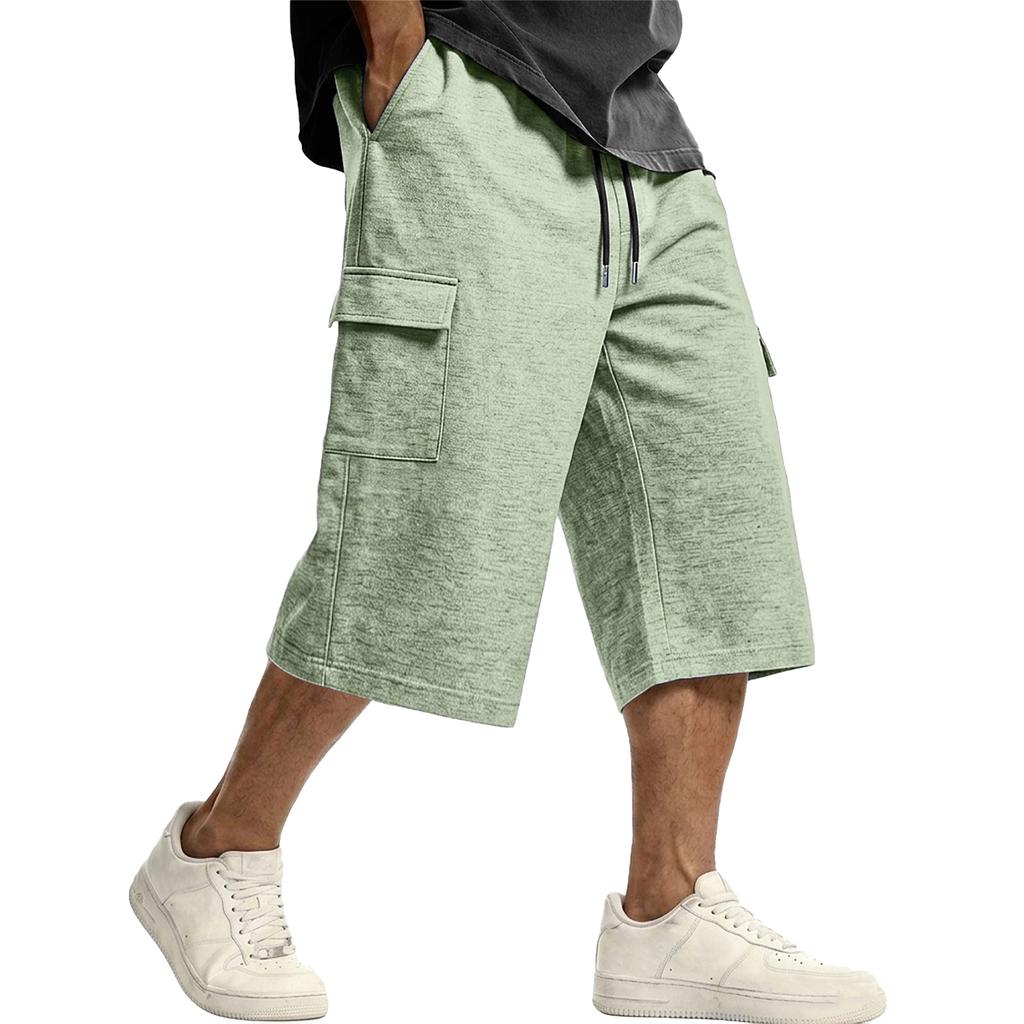Men's Casual Drawstring Cargo Shorts Knee Length Loose Fit Lightweight Breathable Fabric with Multiple Pockets for Everyday Wear