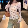 [Mesh Fabric] Early Autumn Design Sense Slim and Skinny Unique American Spice Girl Puppy Printed Long Sleeve T-Shirt Women