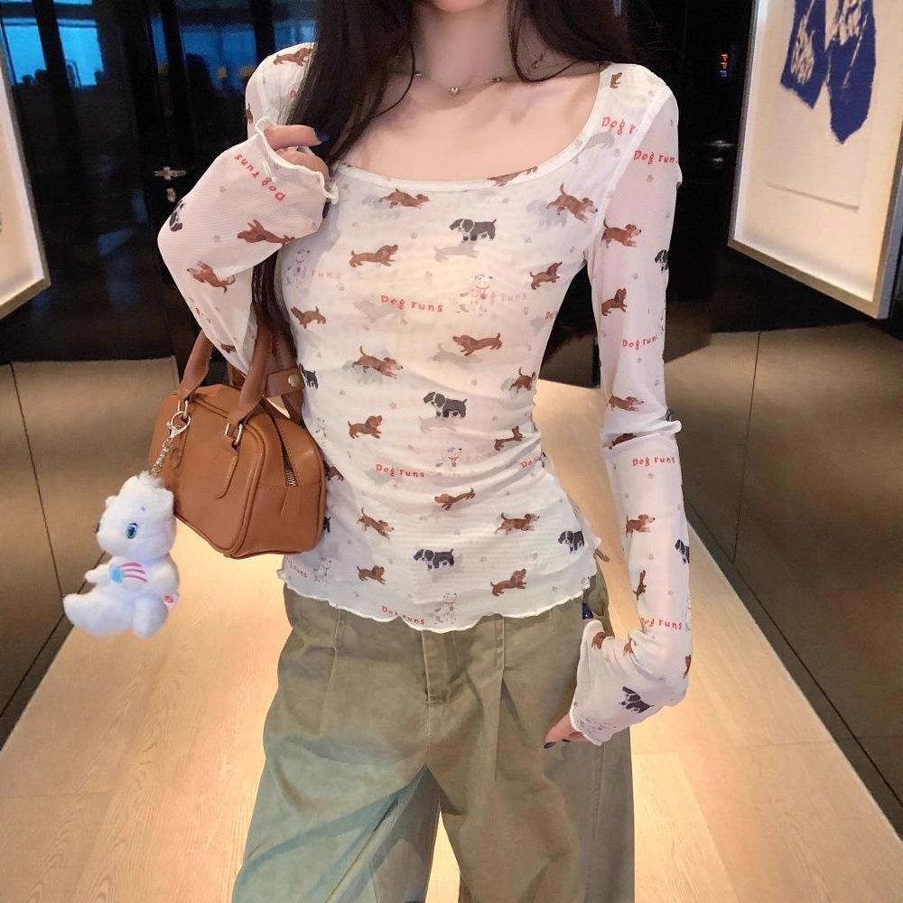 [Mesh Fabric] Early Autumn Design Sense Slim and Skinny Unique American Spice Girl Puppy Printed Long Sleeve T-Shirt Women