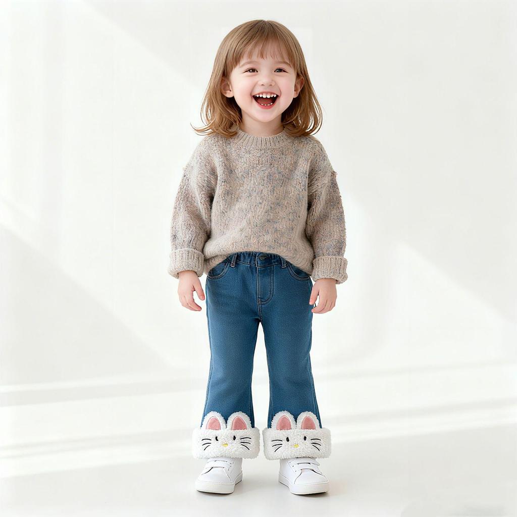 Korean Baby Girls' Fleece-Lined Jeans (0-5 Years) - Trendy Winter Pants AK518