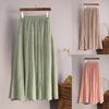Vintage Solid Pleated Long Skirts Cotton Linen Maxi Skirt for Women Summer Elastic Waist  Girls Boho Beach Skirt A-Line Skirt