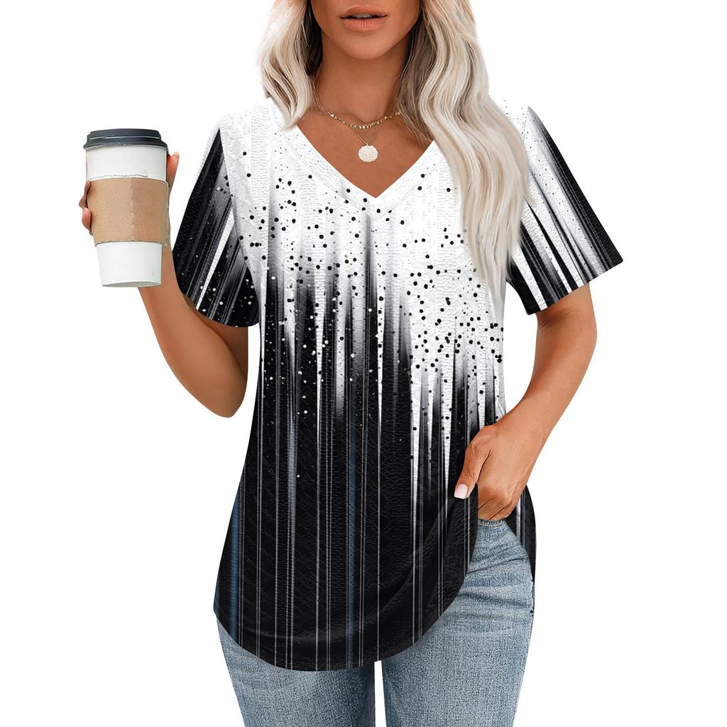 Womens T Shirts V Neck Short Sleeve Casual Tops Loose Fit Basic Tees With Curved Hem