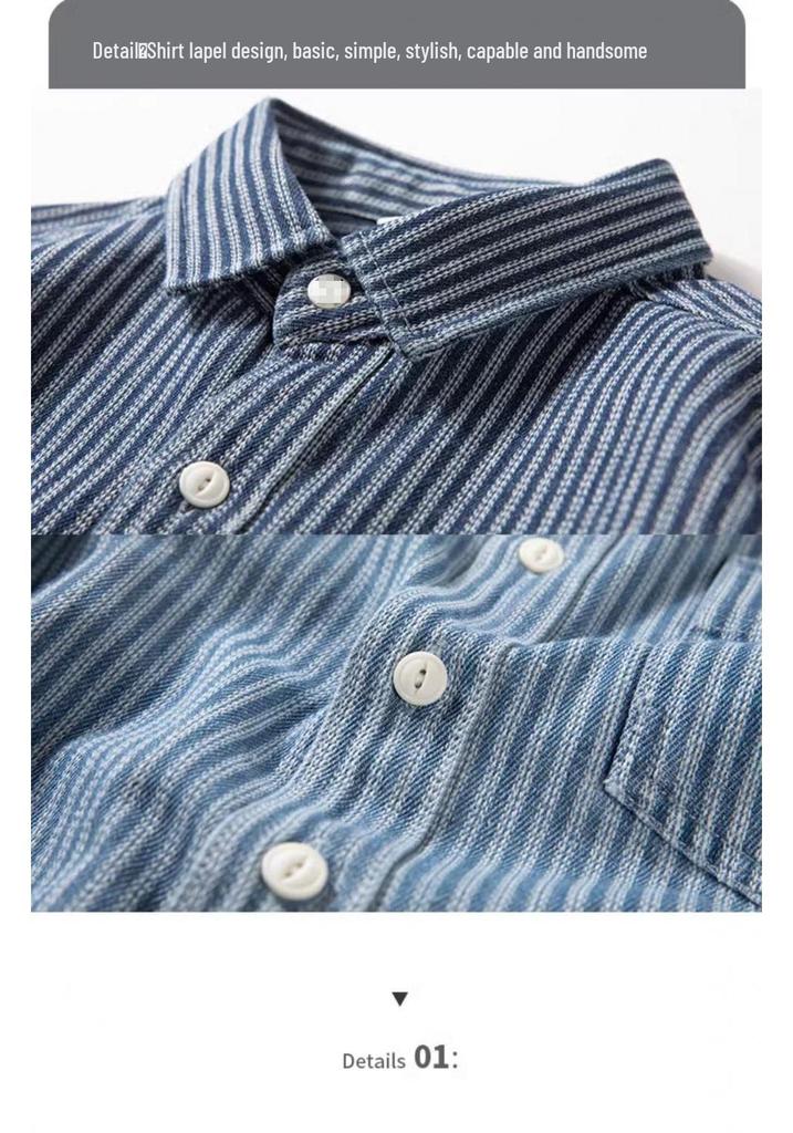 Men's Trendy Retro Casual Denim Shirt: Spring/Autumn Stripe Lapel Long Sleeve