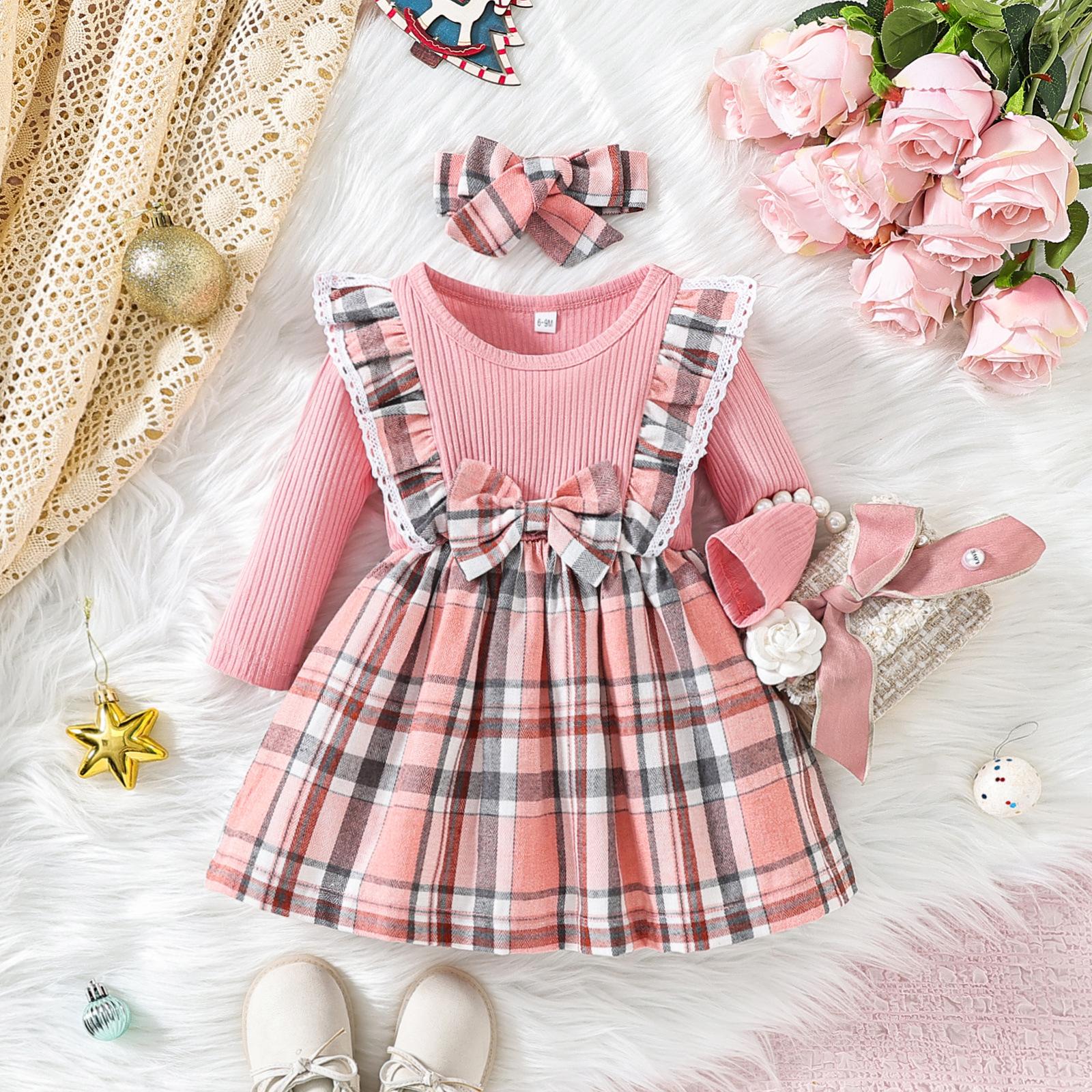 

Korean Style Spring and Autumn New Princess Dress with Bow Long Sleeve Sweet Plaid Lace Children s Chiffon Dress 150cm рожевий