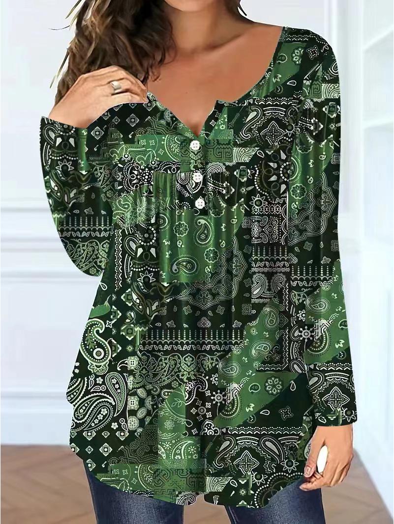 Элегантная женская футболка большого размера с узором пейсли и V-образным вырезом (Коллекция 2025 г.) 5XL