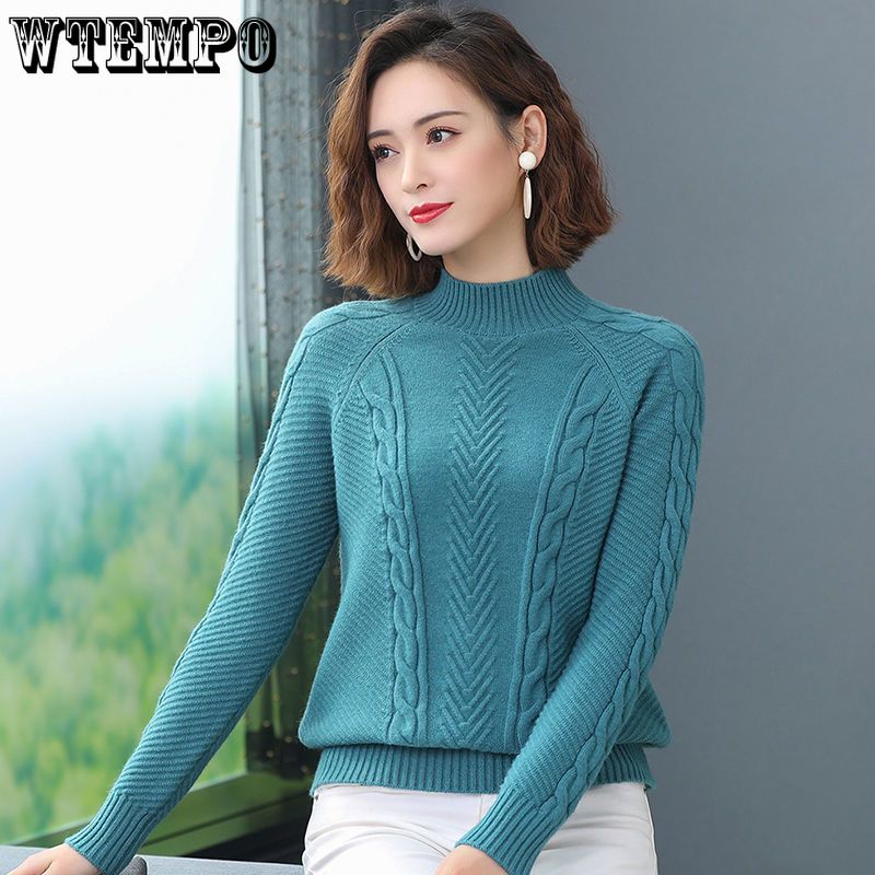 Women's Short Sweater Thickened Knitted Sweater Loose Semi-high Neck Base Sweater Solid Color Pullover