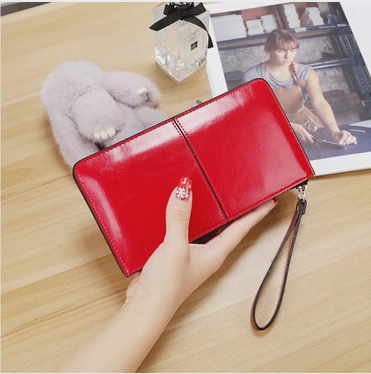 Lonny Women's Korean Style Wax Leather Long Wallet with Zipper and Buckle Large Capacity Clutch