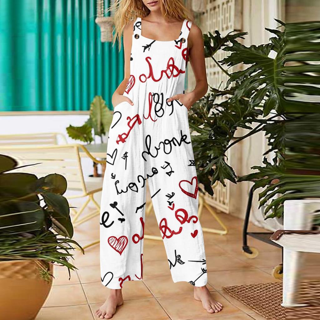 Women's heart,shaped printed casual loose retro overalls cotton and linen one,piece pants