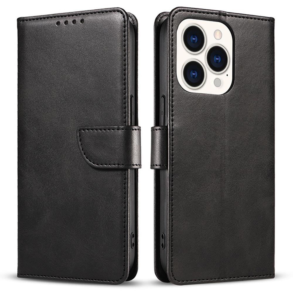 

For iPhone 16 Pro Case Calf Texture Magnetic Clasp Wallet PU Leather Phone Cover Black