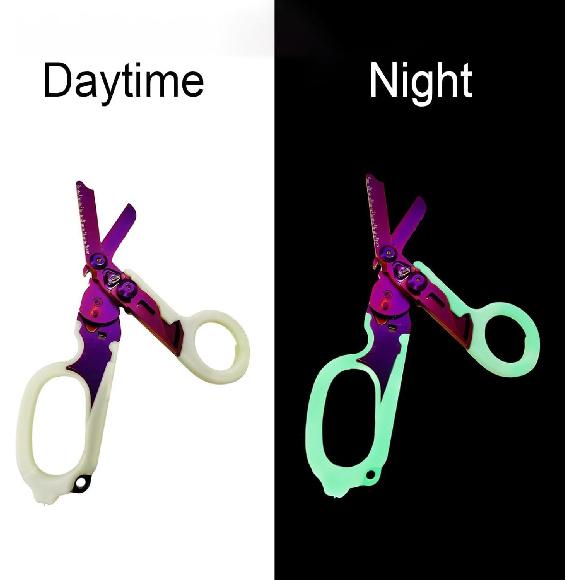 Emergency Response Shears,Stainless Steel Multifunction Self-Luminous Foldable Trauma shear with 1 Black Holster for Outdoor Camping Tools