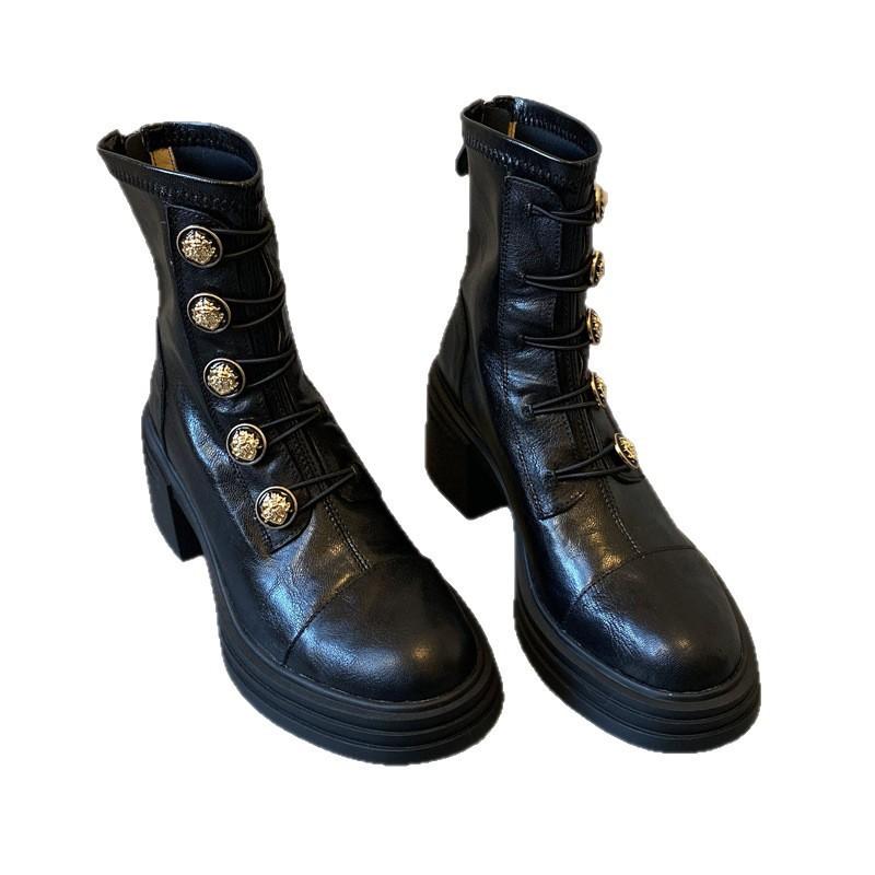 Sheepskin~ High heel 7cm badge Small gold buckle Martin boots Thick sole heightening short boots Women's rear zipper soft sole silent boots