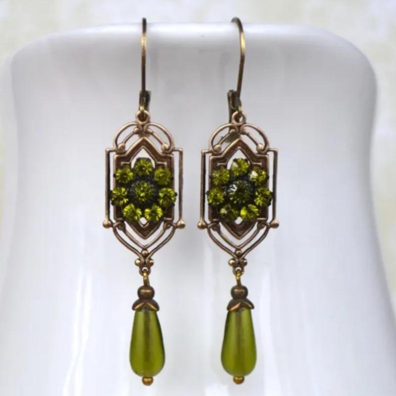 Art Nouveau Decorative Earrings Green Zirconia Antique Gold Color Boho Style for Daily Occasion Party