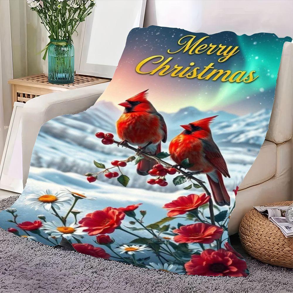 Merry Christmas Festive Cozy Blanket - Soft Plush Fleece Throw Featuring Vibrant Red Cardinals and Snowy Winter Landscape, Ideal