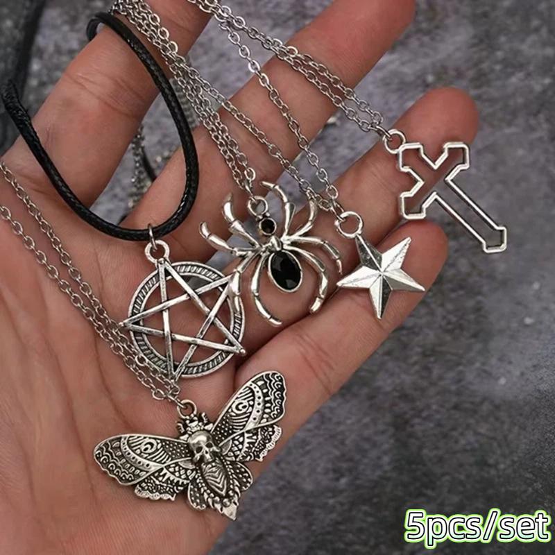 Gothic Style Metal Cross Love Skull Pendant Necklace Set Y2K Personalized Love Thorn Cross Black Bead Necklace