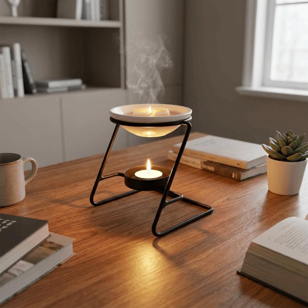 Iron Base Wax Melt Burner Ceramic Bowl Essential Oil Burner Z-shaped Aromatherapy Stove Bedroom