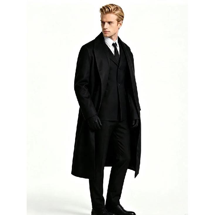 Men Black Suit Outfit Long Trench Coat Vest Shirt Tie Gloves Full Set Halloween Carnival Party Cosplay Costume for Adult Men