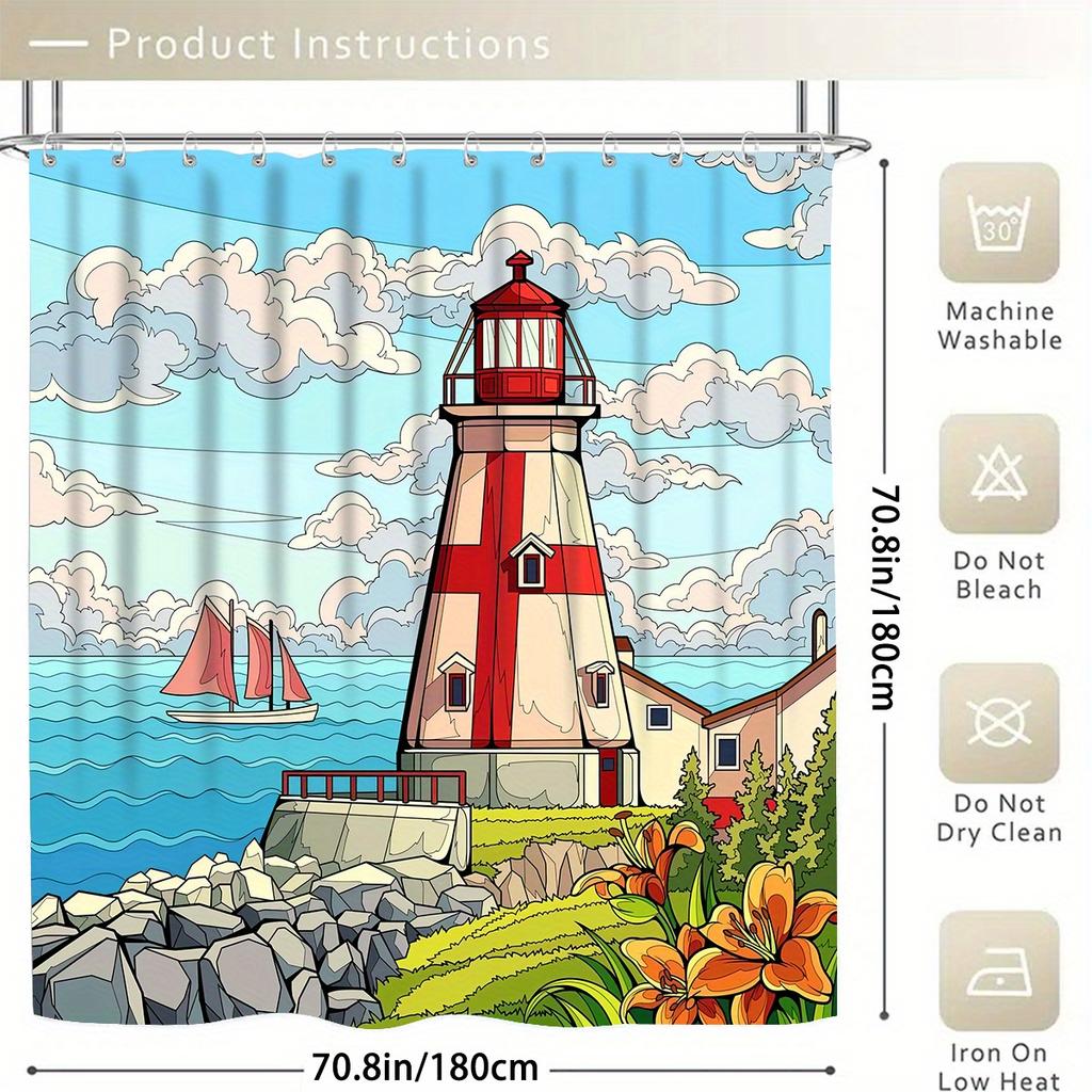 Lighthouse 4pcs Bathroom Set, Bathroom Curtain, Absorbent Bathroom Floor Carpet, Non-slip U-Shaped Contour Rug & Toilet Lid