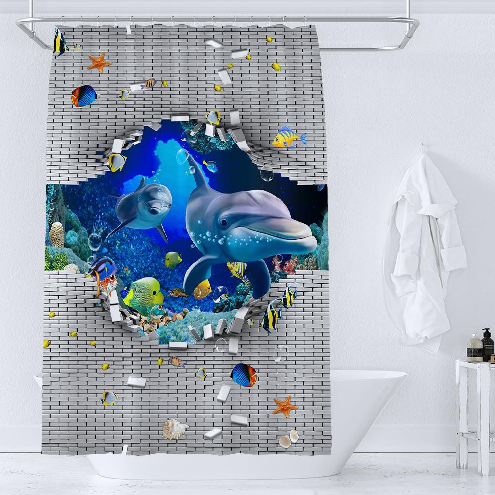 36X72 Inch Dolphin Shower Curtains Underwater World Marine Life Fabric Bath Curtain Kids Ocean Theme Bathroom Decor With Hooks