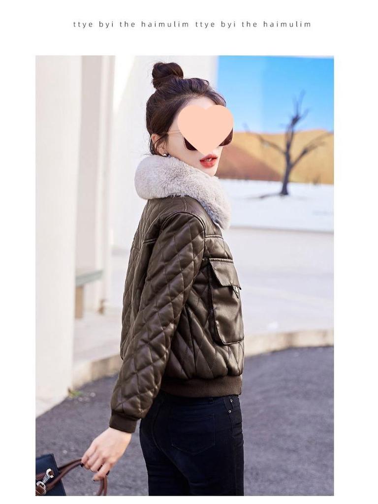 Women's Short Fleece-Lined Leather Motorcycle Jacket - Winter Fashion Cotton-Padded Coat