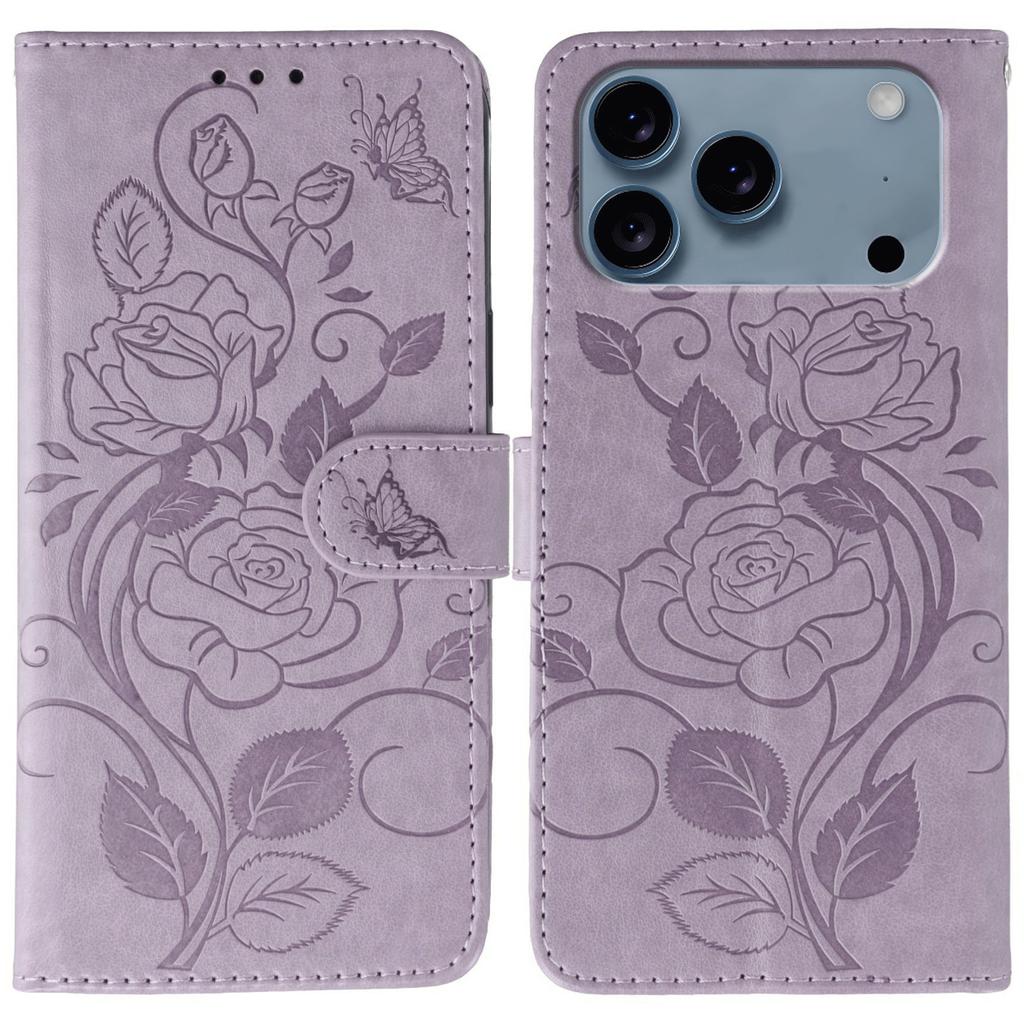 For iPhone 17 Pro Case Wallet Stand Imprinted Rose Butterfly PU Leather Phone Cover