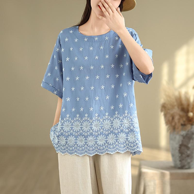 DIMANAF 2025 New Summer Women Plus Size T-Shirt Short Sleeve Loose Basic Casual Tops Floral T-Shirt Vintage