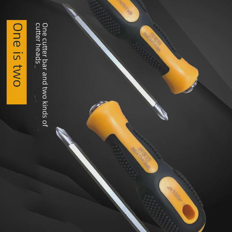 Dual-purpose Retractable Magnetic Screwdriver with Non-slip Handle, Featuring Interchangeable Cross and Flat Heads.
